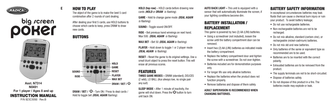 Radica Games N0491, N7314 instruction manual HOW to Play, Buttons, Features, Battery Installation Replacement 