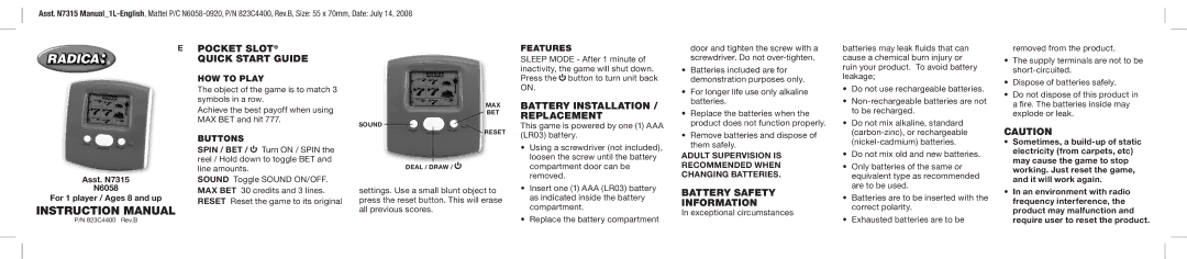 Radica Games N7315 instruction manual Pocket Slot Quick Start Guide, Battery Installation / Replacement 