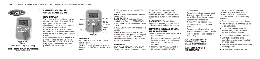 Radica Games N7317 instruction manual Battery Installation / Replacement, Battery Safety Information 