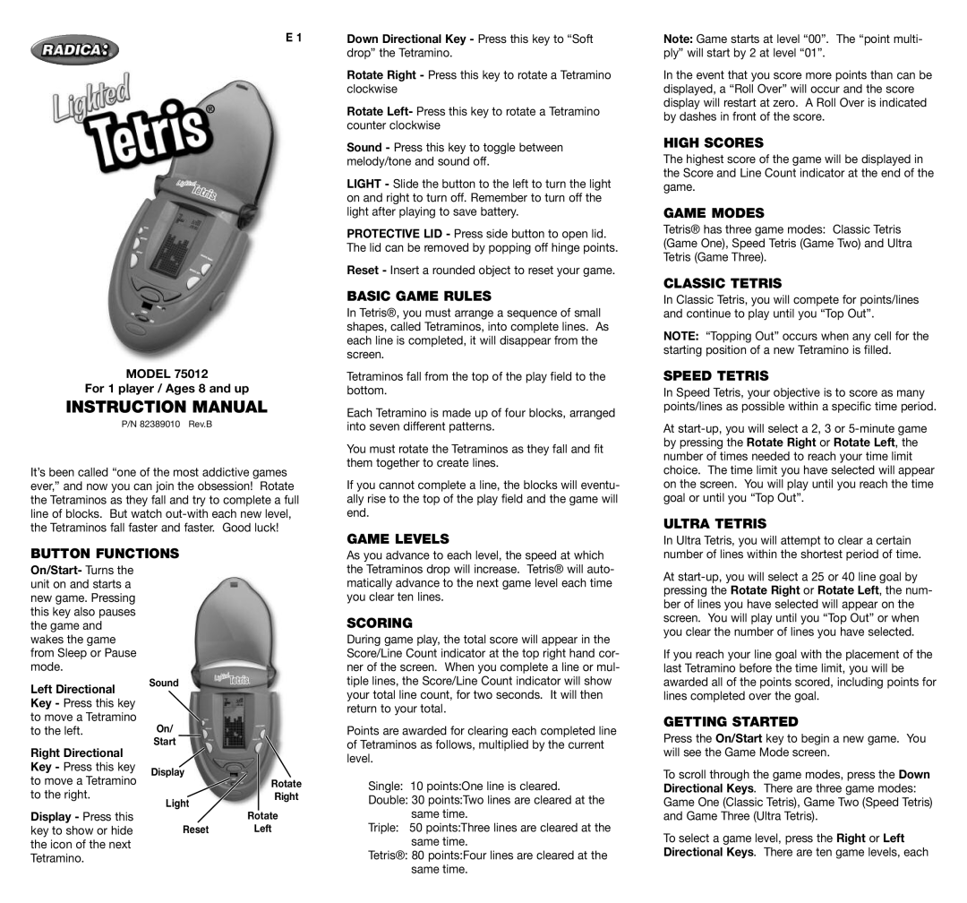 Radica Games 73012 instruction manual Button Functions, Basic Game Rules, Game Levels, High Scores, Game Modes, Scoring 