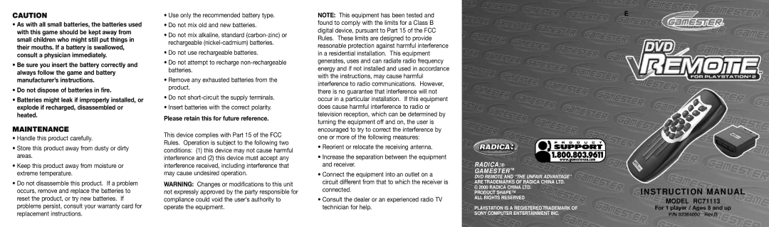 Radica Games RC71113 instruction manual Maintenance, Please retain this for future reference 