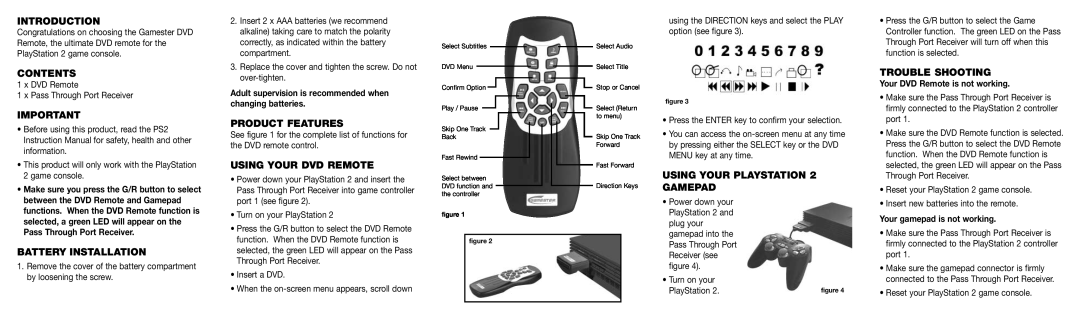 Radica Games RC71113 Introduction, Contents, Battery Installation, Product Features, Using Your Dvd Remote, PlayStation 