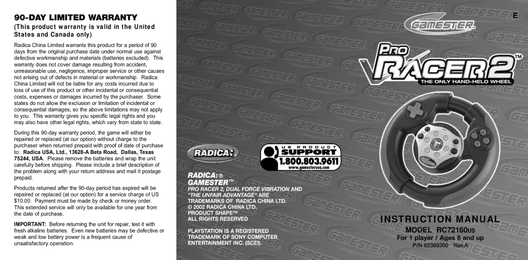 Radica Games RC72160US instruction manual DAY Limited Warranty, Radica Gamester 