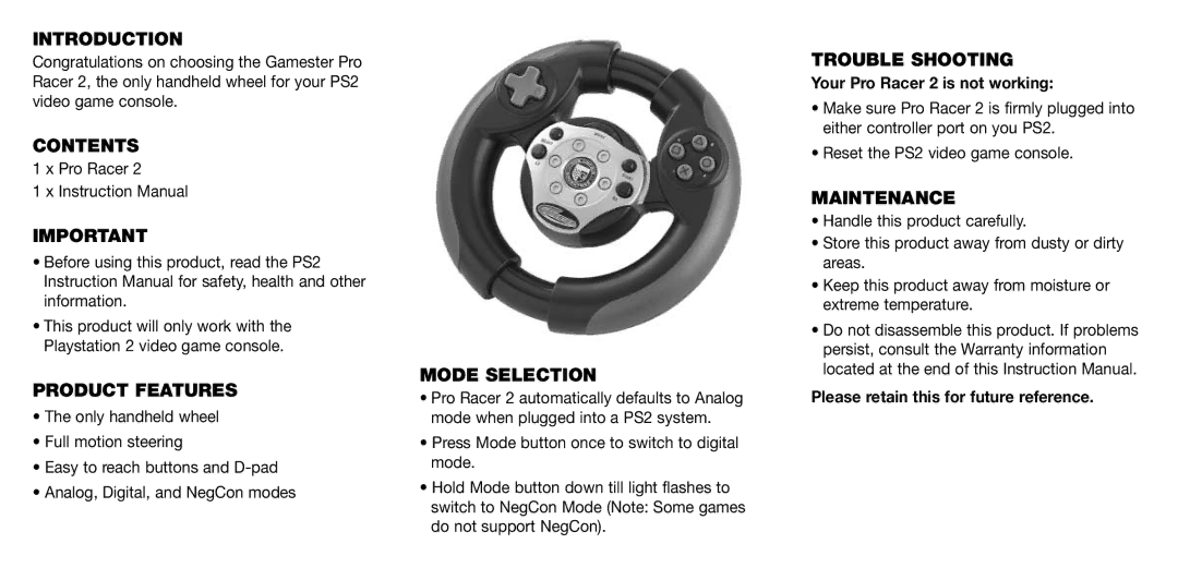 Radica Games RC72160US Introduction, Contents, Product Features, Mode Selection, Trouble Shooting, Maintenance 