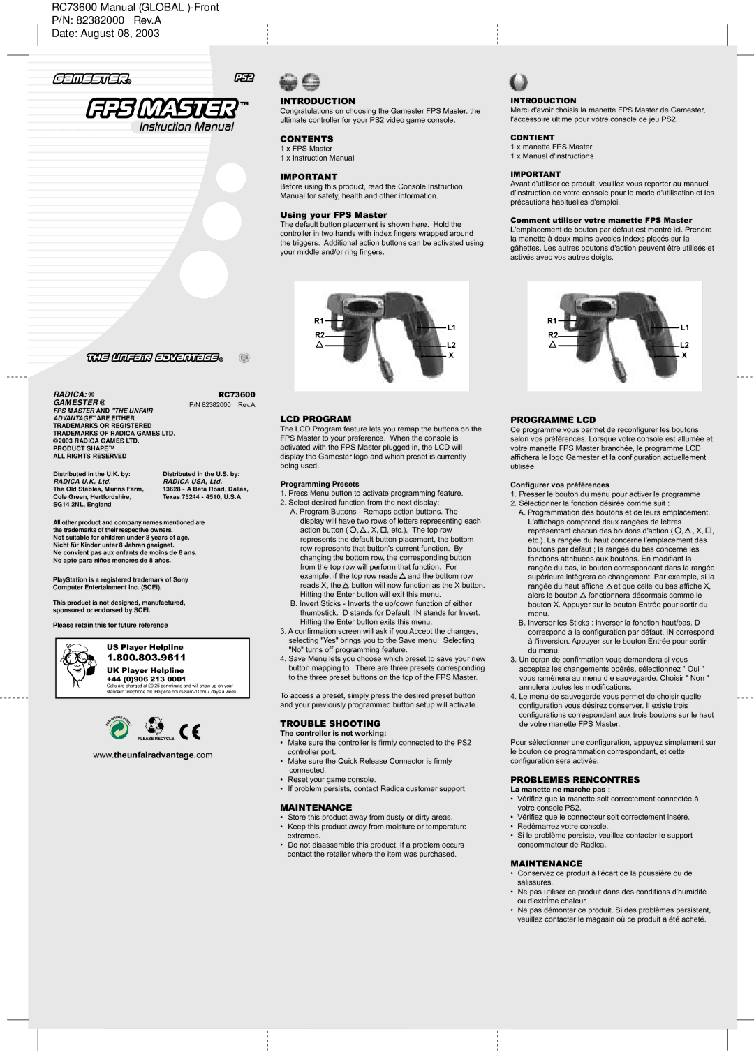 Radica Games RC73600 instruction manual Introduction, Contents, LCD Program, Trouble Shooting, Maintenance, Programme LCD 