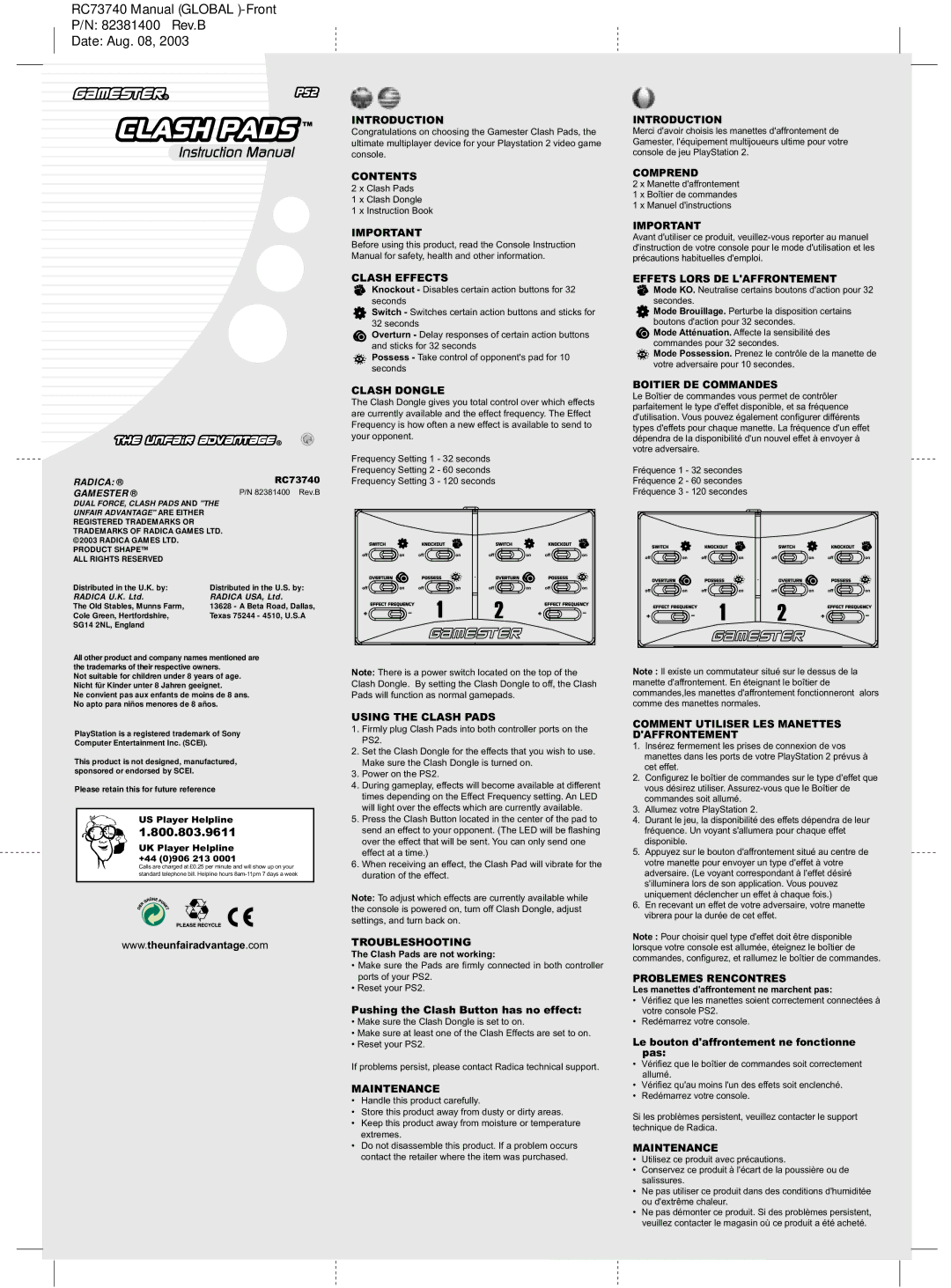 Radica Games RC73740 instruction manual Introduction, Contents, Clash Effects, Clash Dongle, Using the Clash Pads 