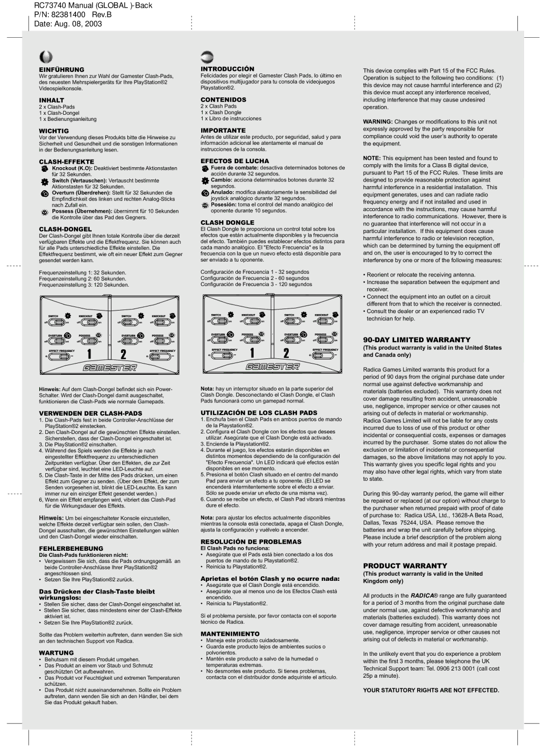 Radica Games RC73740 Einführung, Inhalt, Wichtig, Clash-Effekte, Clash-Dongel, Verwenden DER CLASH-PADS, Fehlerbehebung 