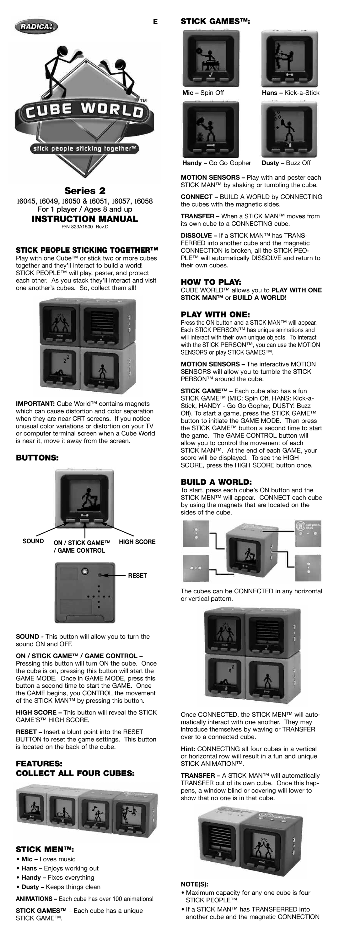 Radica Games Series 2 instruction manual Stick Games, Stick People Sticking Together, Buttons, HOW to Play, Play with ONE 