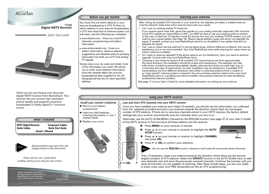 Radio Shack 16-3499 quick start Before you get started, Selecting your antenna, What’s included, Using your Hdtv receiver 