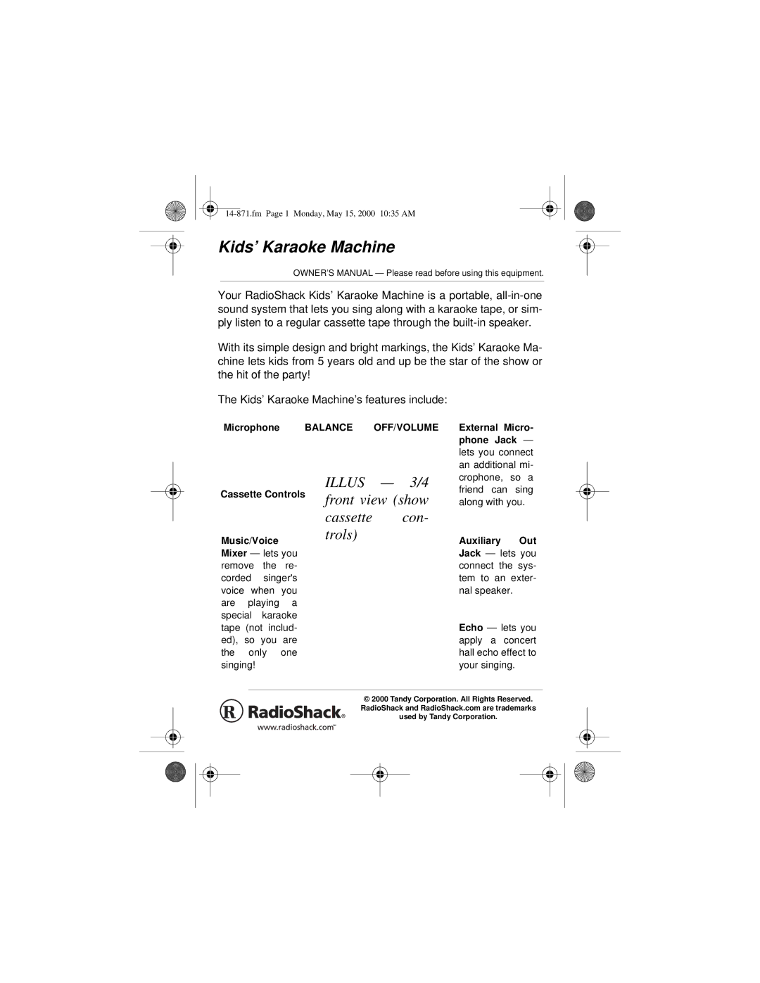 Radio Shack 14-871, 02A00 owner manual Microphone Balance OFF/VOLUME, Cassette Controls front view show, Music/Voicetrols 