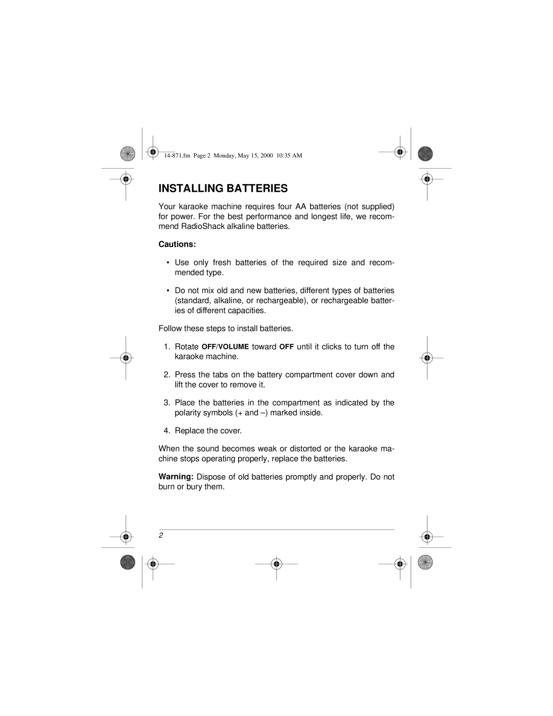 Radio Shack 02A00, 14-871 owner manual Installing Batteries 