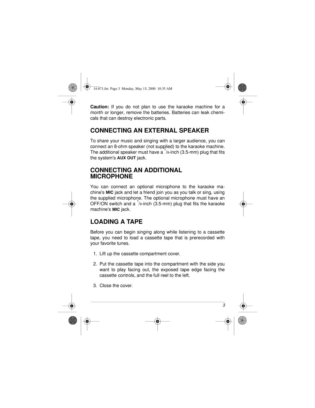 Radio Shack 14-871, 02A00 owner manual Connecting AN External Speaker, Connecting AN Additional Microphone, Loading a Tape 