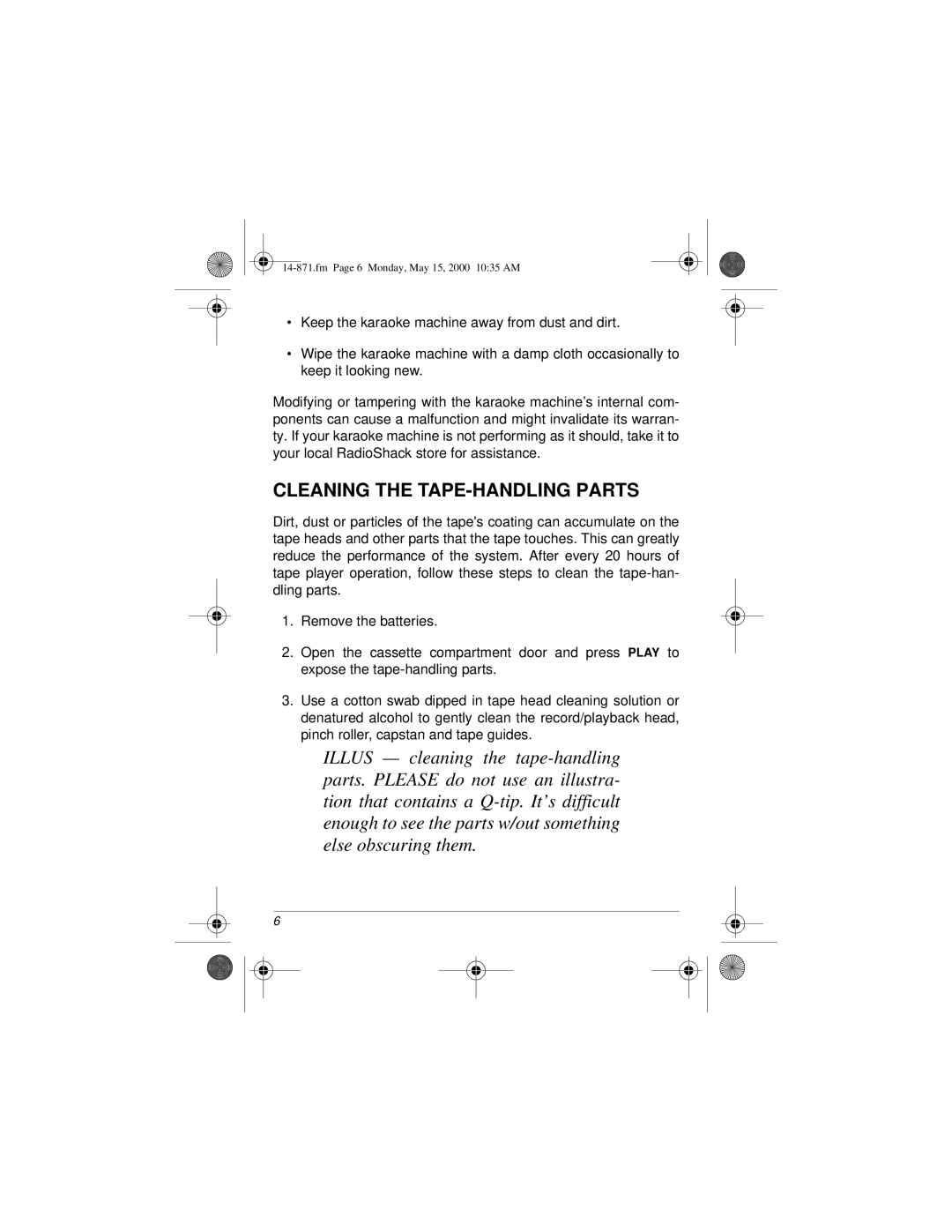 Radio Shack 02A00, 14-871 owner manual Cleaning the TAPE-HANDLING Parts 