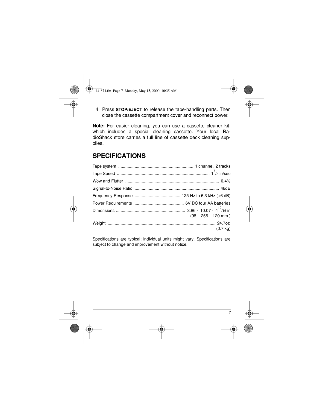 Radio Shack 14-871, 02A00 owner manual Specifications 