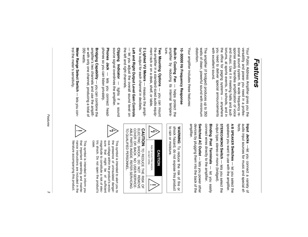 Radio Shack 32-2004, 04A00 Features, Left and Right Output Level Gain Controls, Meter Range Select Switch lets you con 