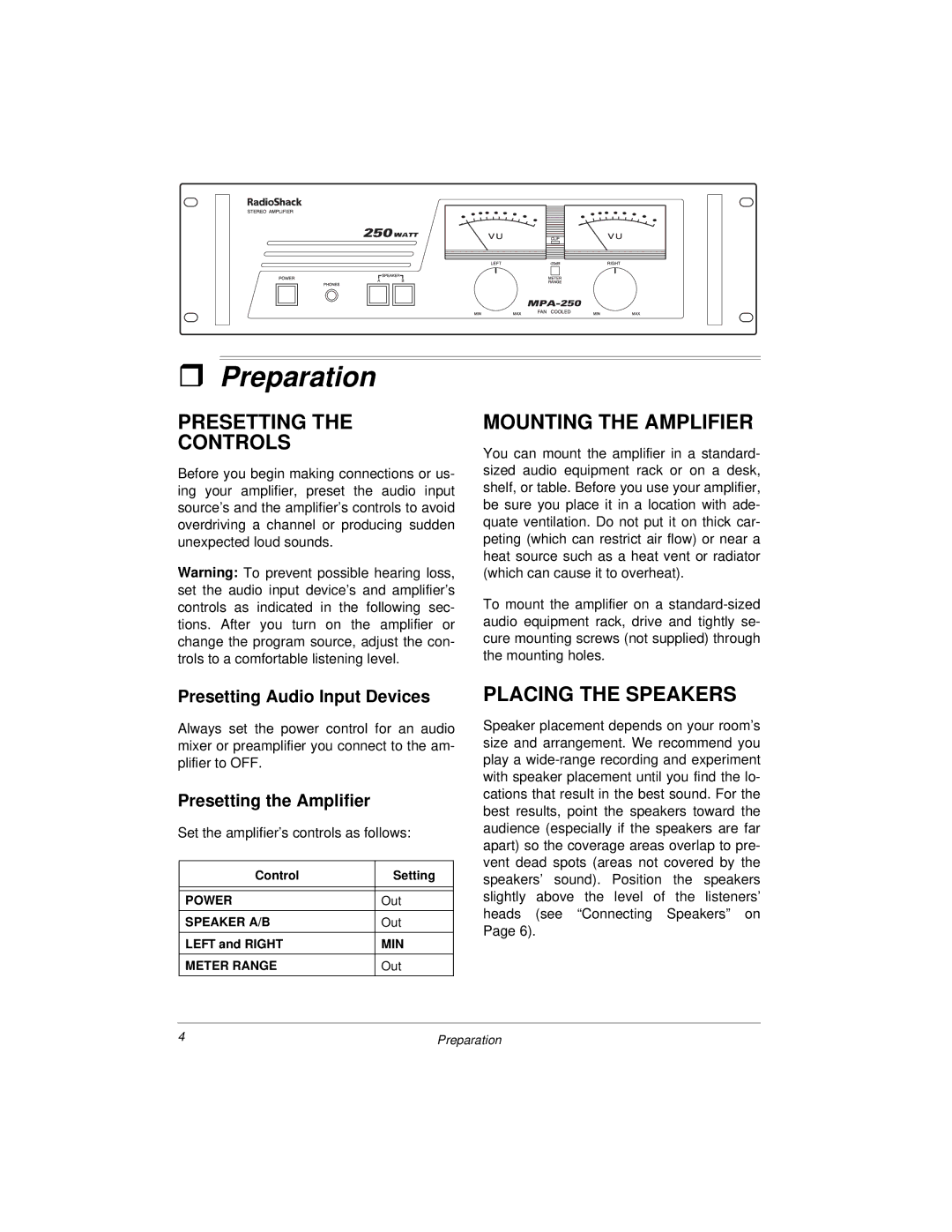 Radio Shack 04A00, 32-2004 owner manual Preparation, Presetting Controls, Mounting the Amplifier, Placing the Speakers 