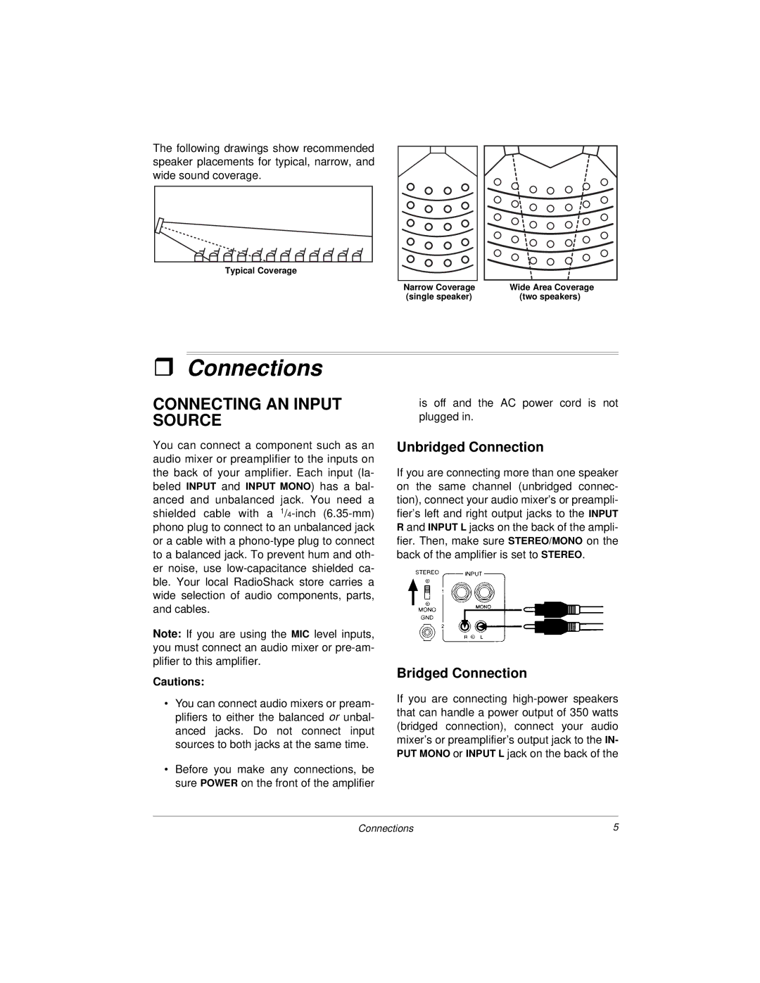 Radio Shack 32-2004, 04A00 owner manual Connections, Connecting AN Input Source, Unbridged Connection, Bridged Connection 