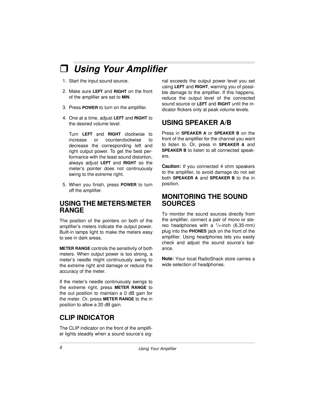 Radio Shack 04A00, 32-2004 owner manual Using Your Amplifier, Using the METERS/METER Range, Clip Indicator 