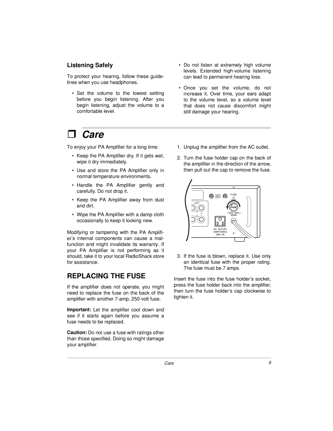 Radio Shack 32-2004, 04A00 owner manual Care, Replacing the Fuse, Listening Safely 