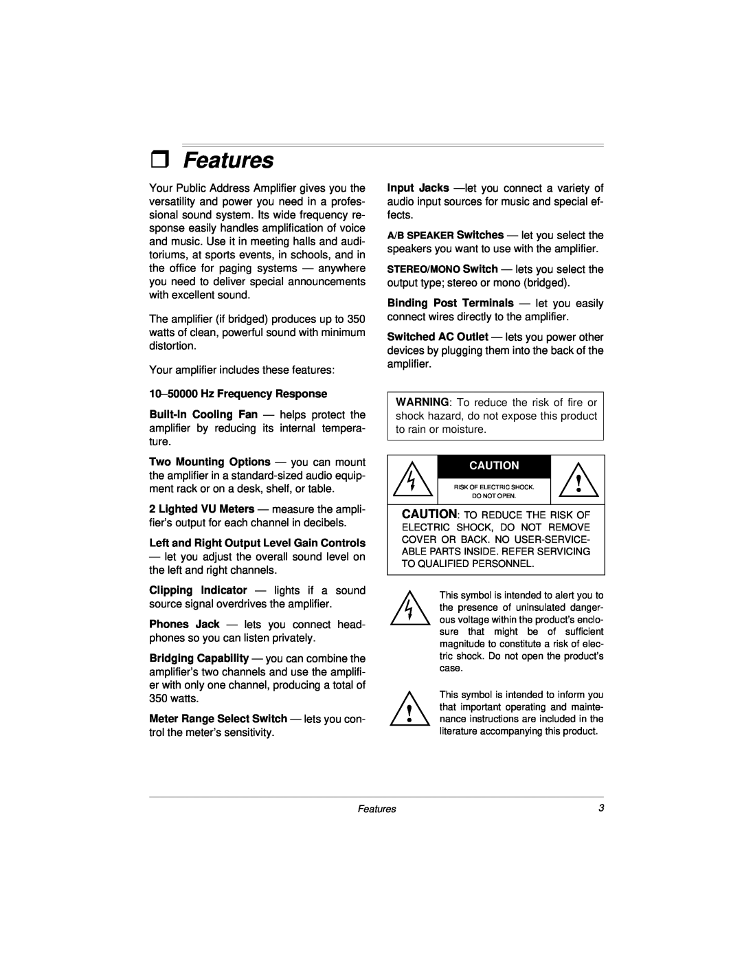Radio Shack 32-2004, 04A00 owner manual ˆFeatures, 10-50000Hz Frequency Response, Left and Right Output Level Gain Controls 