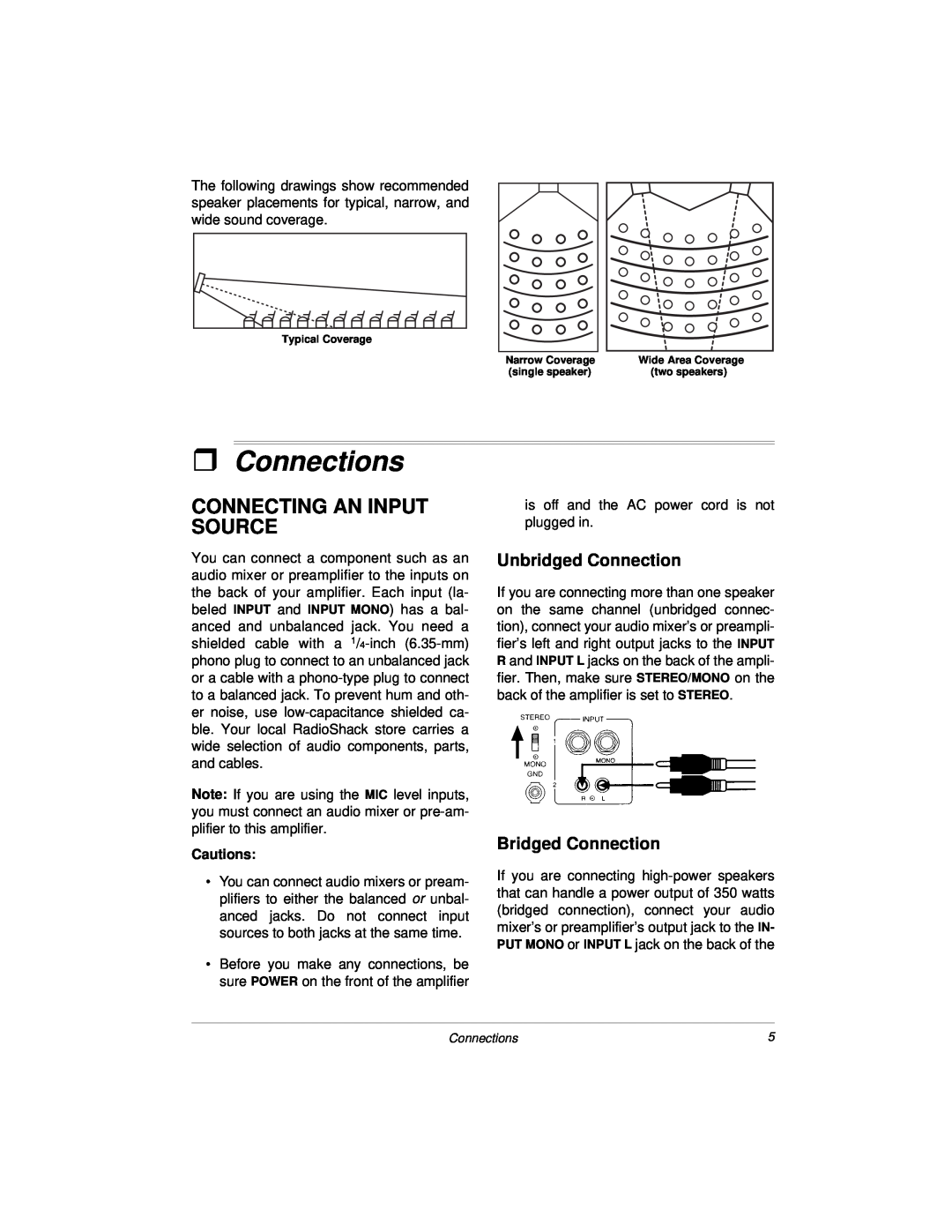 Radio Shack 32-2004, 04A00 owner manual ˆConnections, Connecting An Input Source, Unbridged Connection, Bridged Connection 