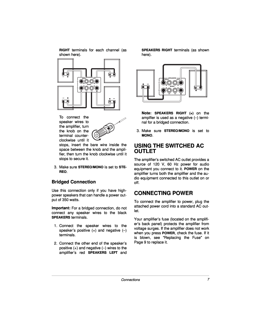 Radio Shack 32-2004, 04A00 owner manual Using The Switched Ac Outlet, Connecting Power, Bridged Connection 