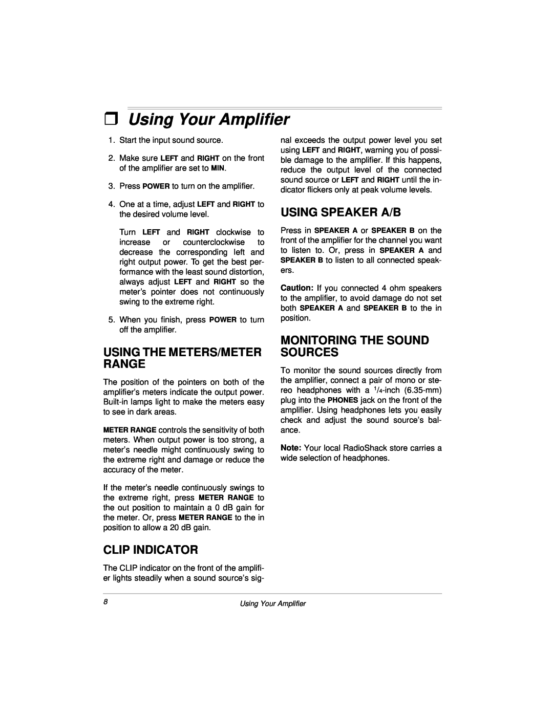 Radio Shack 04A00, 32-2004 owner manual ˆUsing Your Amplifier, Using The Meters/Meter Range, Clip Indicator 