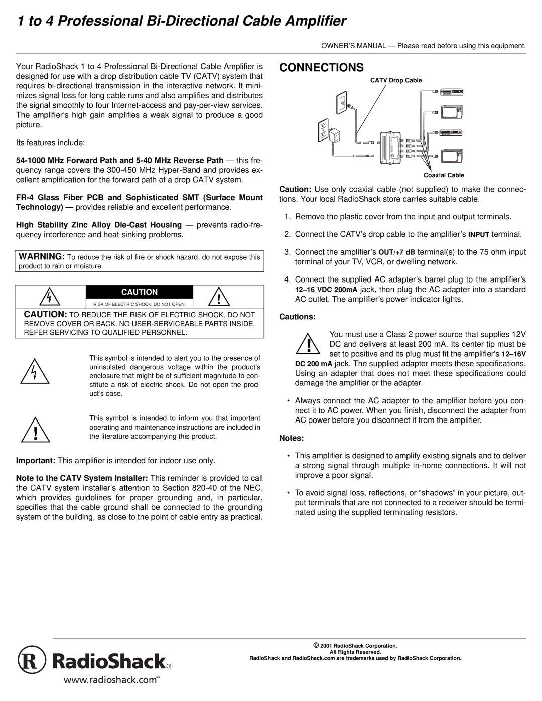 Radio Shack 15-1169, 04A01 owner manual To 4 Professional Bi-Directional Cable Amplifier, Connections 