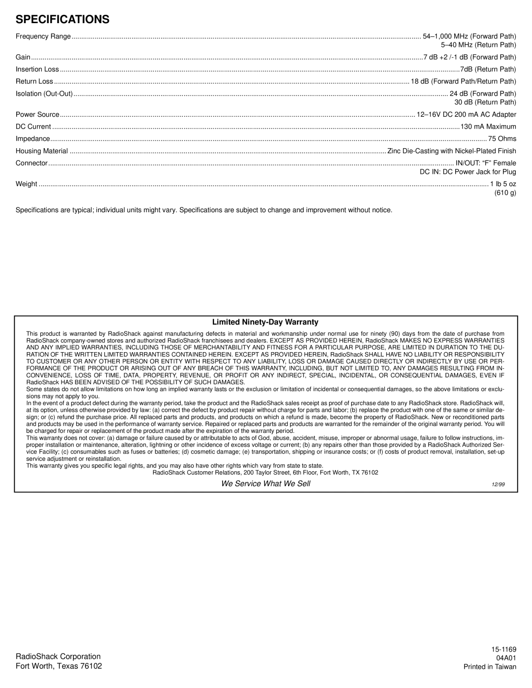 Radio Shack 04A01, 15-1169 Specifications, Limited Ninety-Day Warranty, RadioShack Corporation, Fort Worth, Texas 