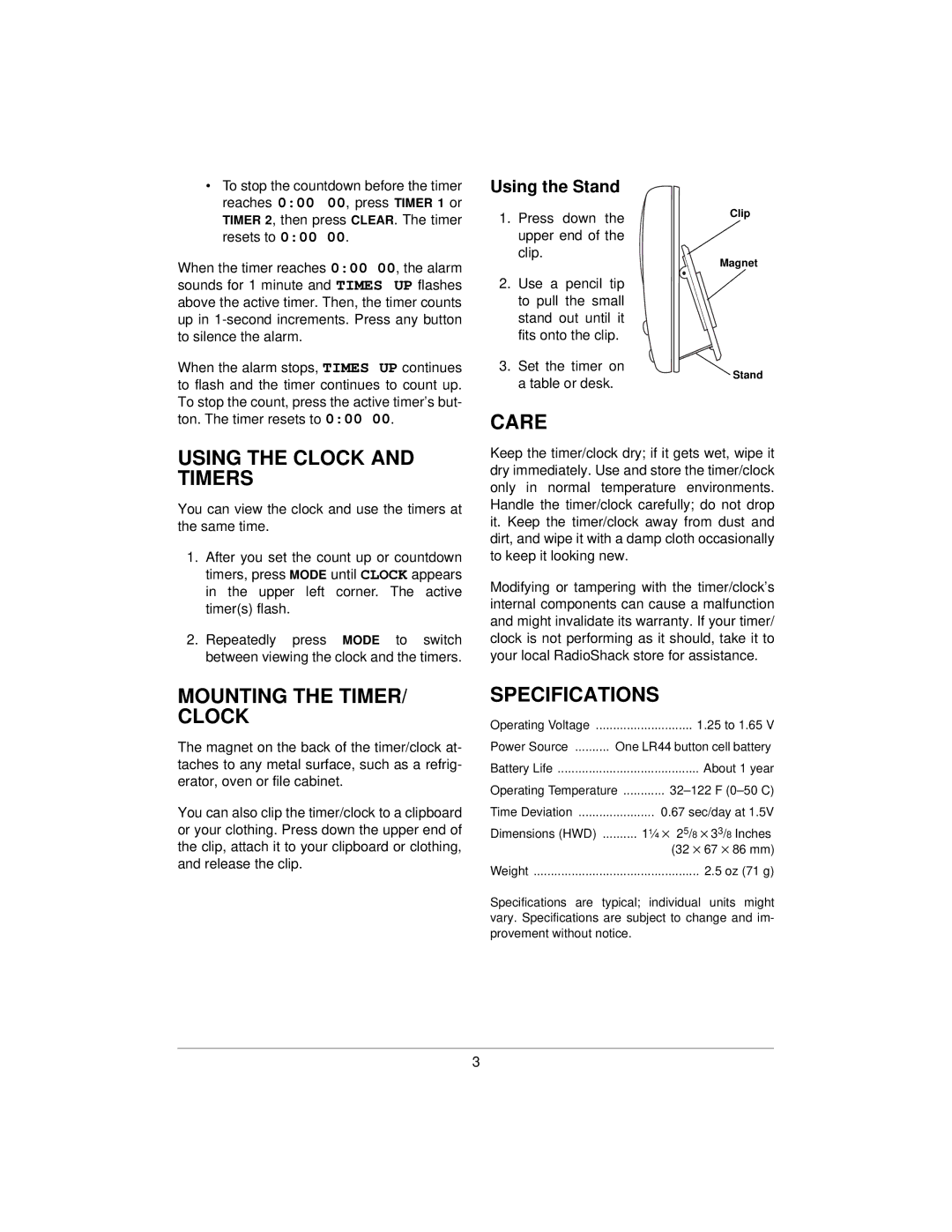 Radio Shack 63-898A, 04A01 owner manual Using the Clock and Timers, Care, Mounting the TIMER/ Clock, Specifications 