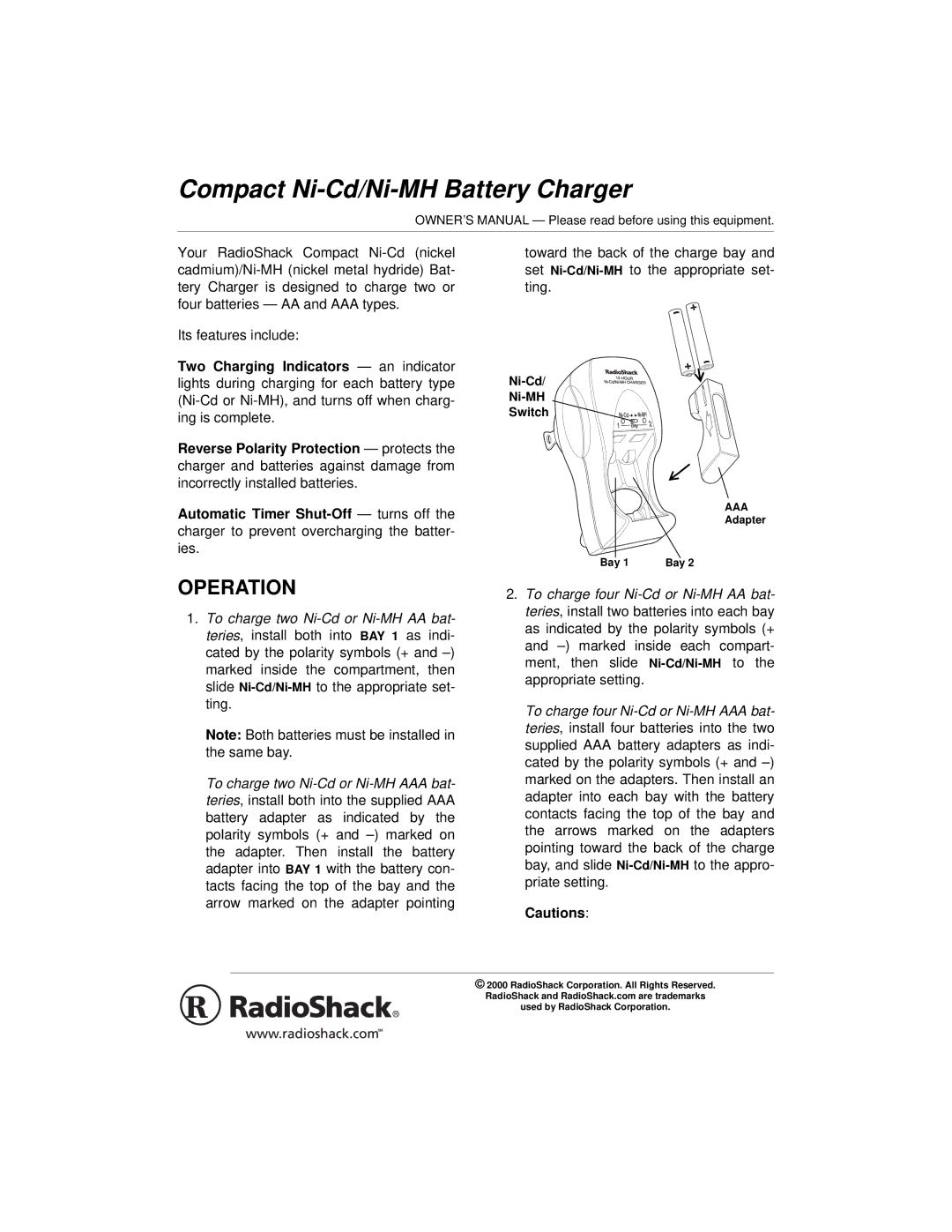 Radio Shack 23-427, 06A00, 0904-211-18801 owner manual Compact Ni-Cd/Ni-MH Battery Charger, Operation 