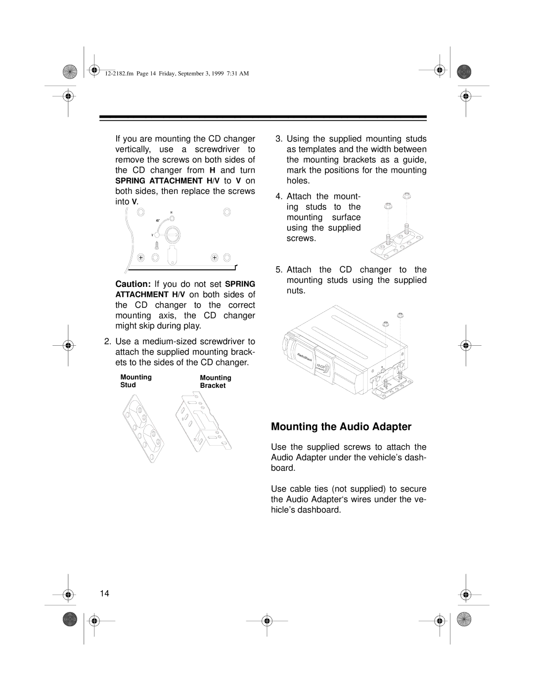 Radio Shack 10 Disc CD Changer owner manual Mounting the Audio Adapter 