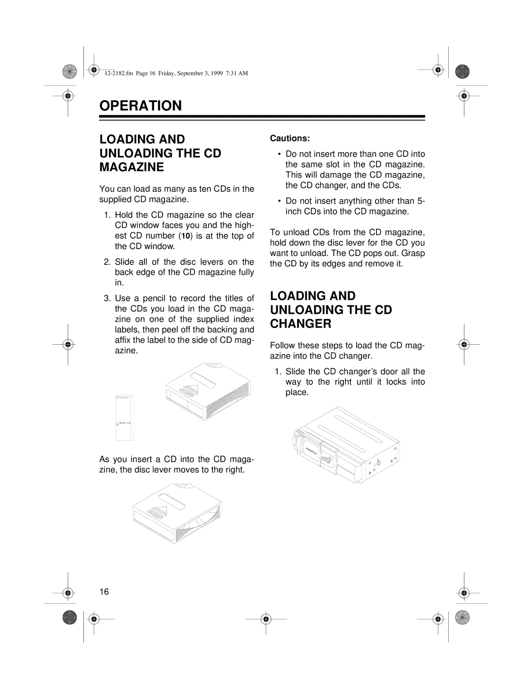 Radio Shack 10 Disc CD Changer Operation, Loading and Unloading the CD Magazine, Loading and Unloading the CD Changer 