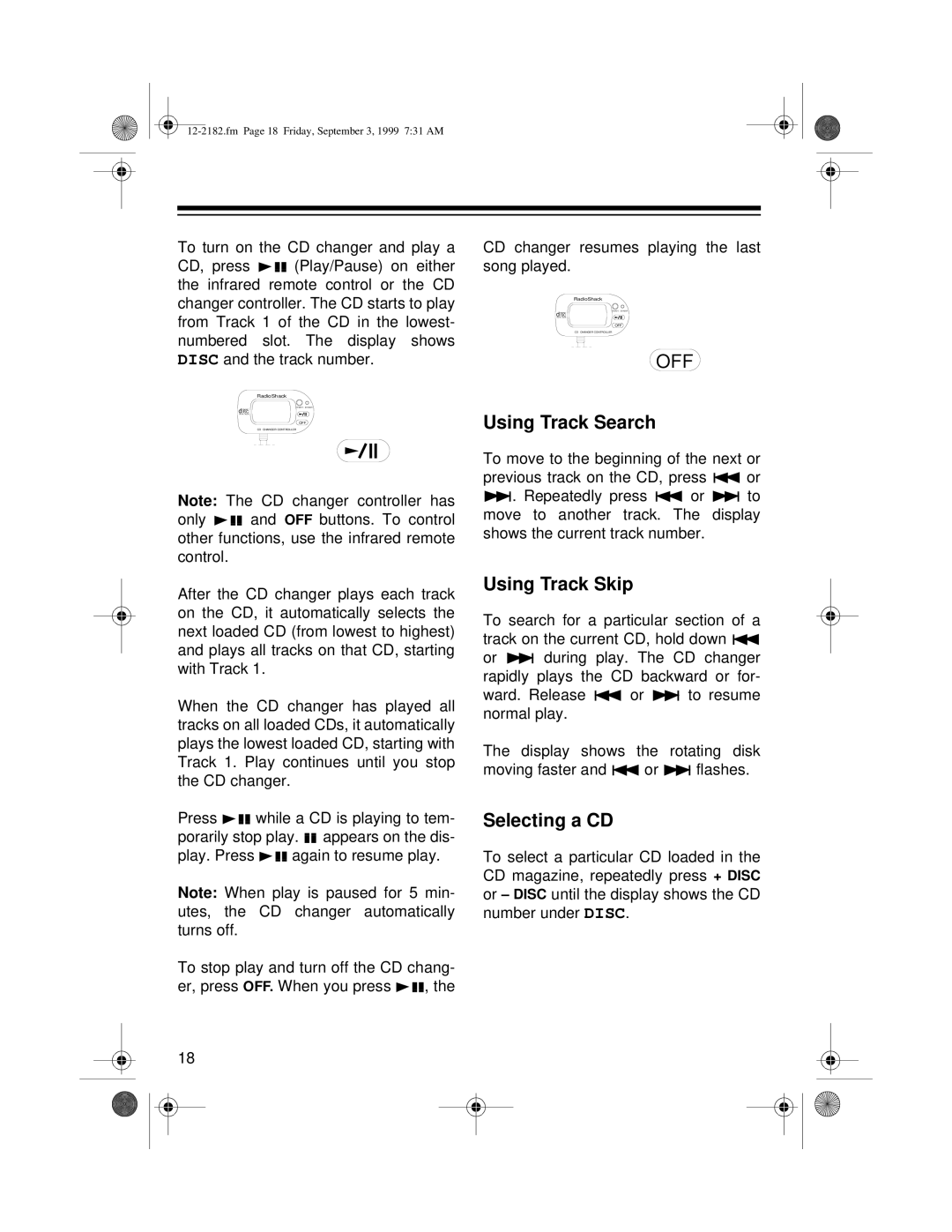 Radio Shack 10 Disc CD Changer owner manual Using Track Search, Using Track Skip, Selecting a CD 