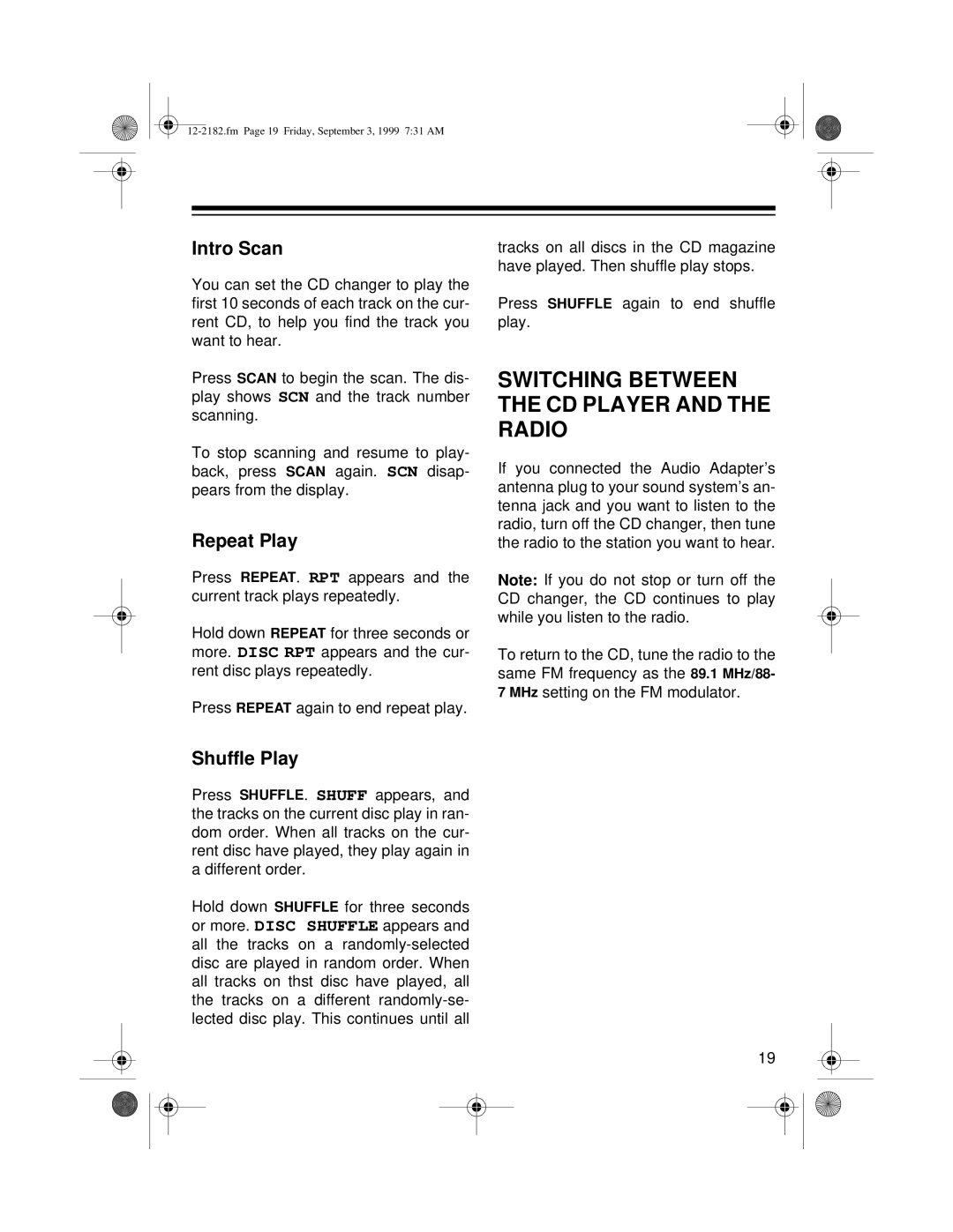 Radio Shack 10 Disc CD Changer Switching Between the CD Player and the Radio, Intro Scan, Repeat Play, Shuffle Play 