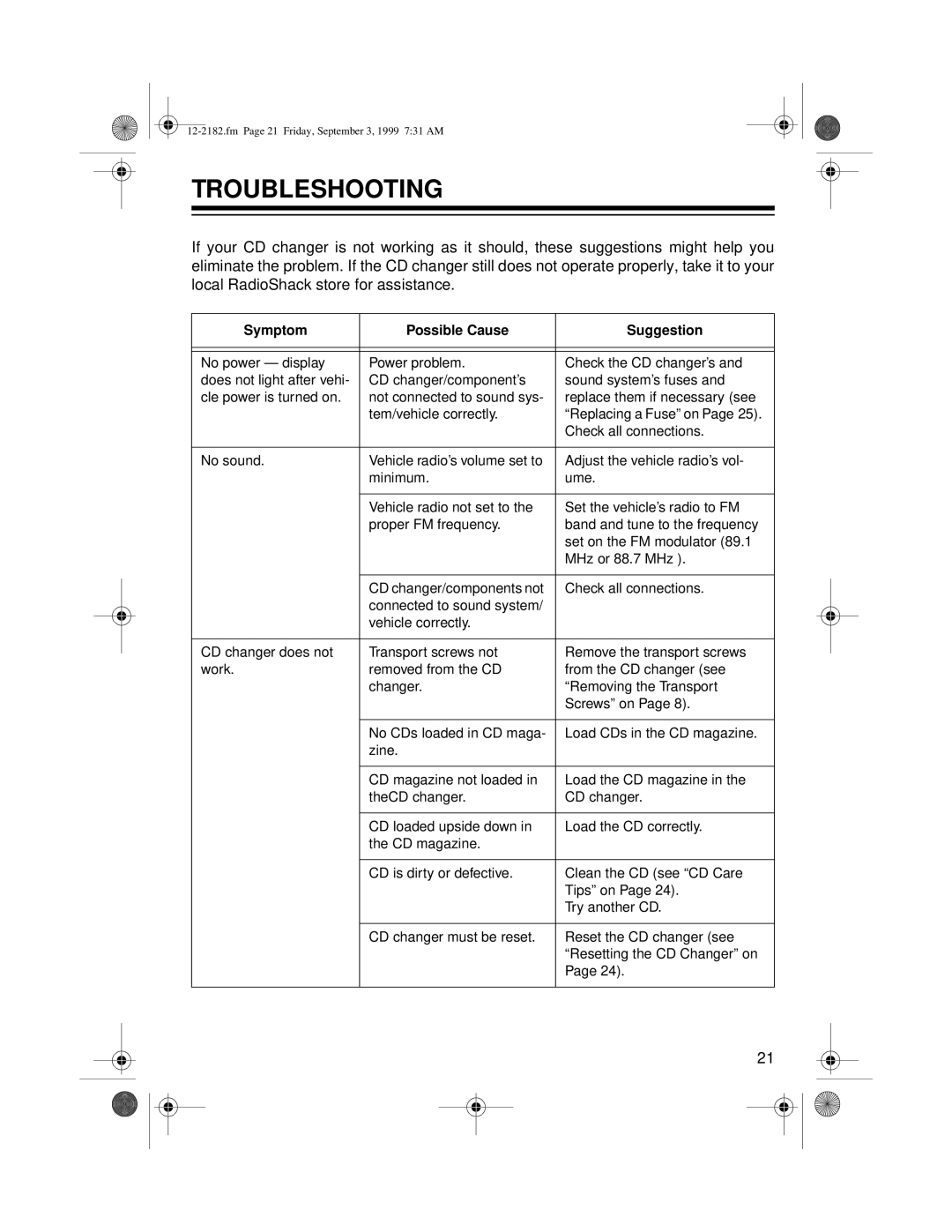 Radio Shack 10 Disc CD Changer owner manual Troubleshooting, Symptom Possible Cause Suggestion 