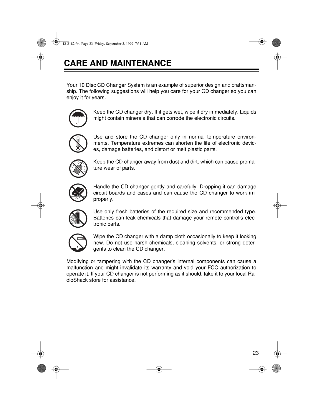 Radio Shack 10 Disc CD Changer owner manual Care and Maintenance 