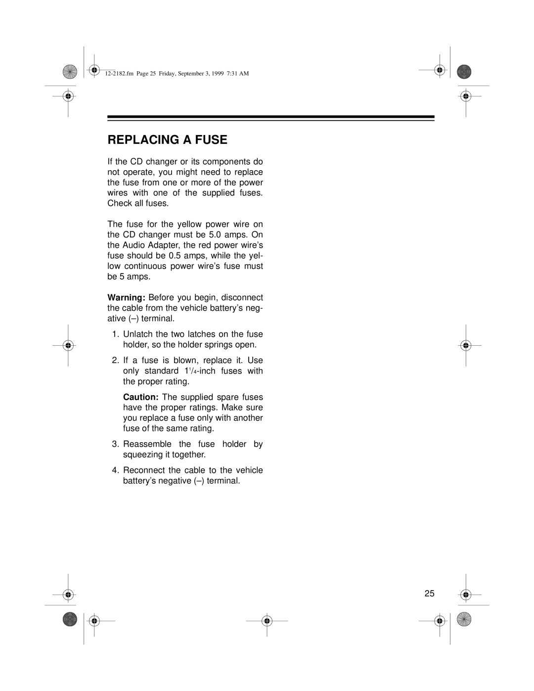 Radio Shack 10 Disc CD Changer owner manual Replacing a Fuse 