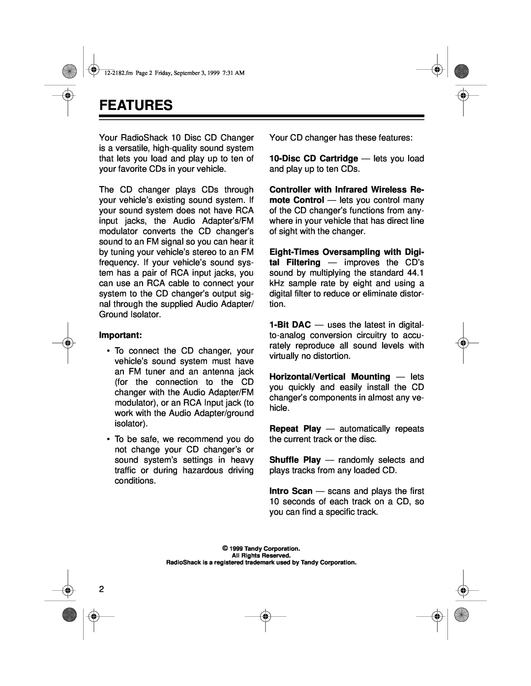 Radio Shack 10 Disc CD Changer owner manual Features 