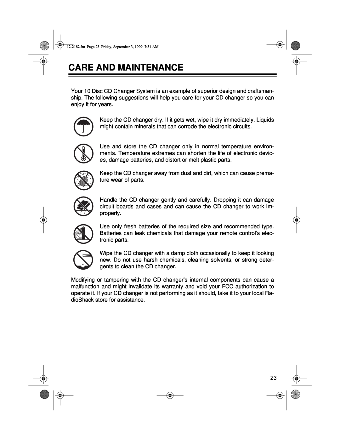 Radio Shack 10 Disc CD Changer owner manual Care And Maintenance 