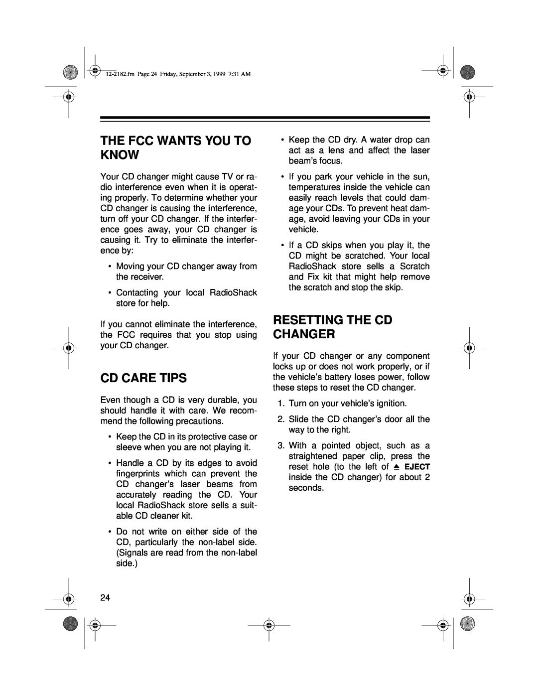 Radio Shack 10 Disc CD Changer owner manual The Fcc Wants You To Know, Cd Care Tips, Resetting The Cd Changer 