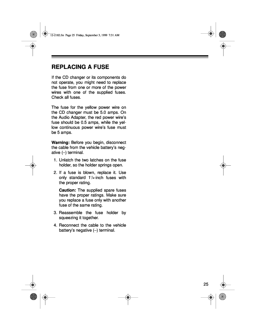 Radio Shack 10 Disc CD Changer owner manual Replacing A Fuse 