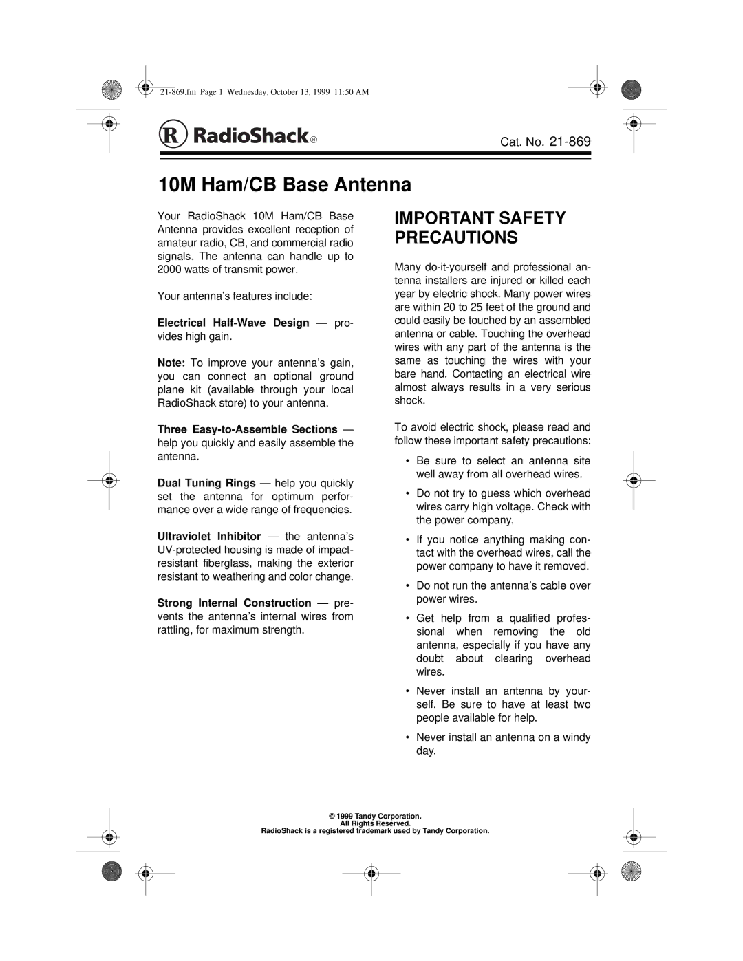 Radio Shack manual 10M Ham/CB Base Antenna 