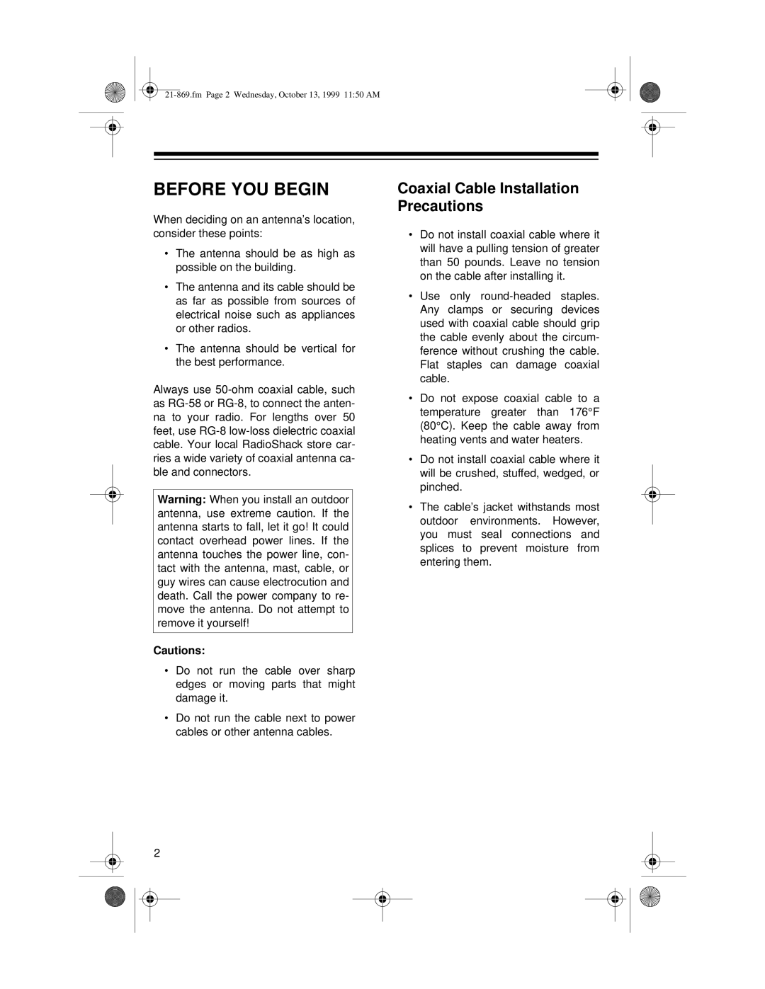 Radio Shack 10M manual Before YOU Begin, Coaxial Cable Installation Precautions 