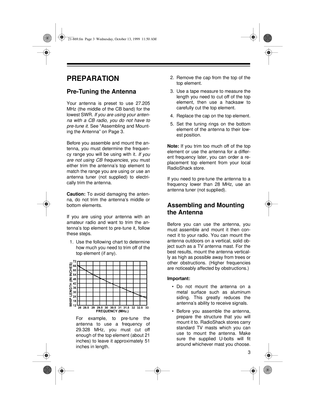 Radio Shack 10M manual Preparation, Pre-Tuning the Antenna, Assembling and Mounting the Antenna 