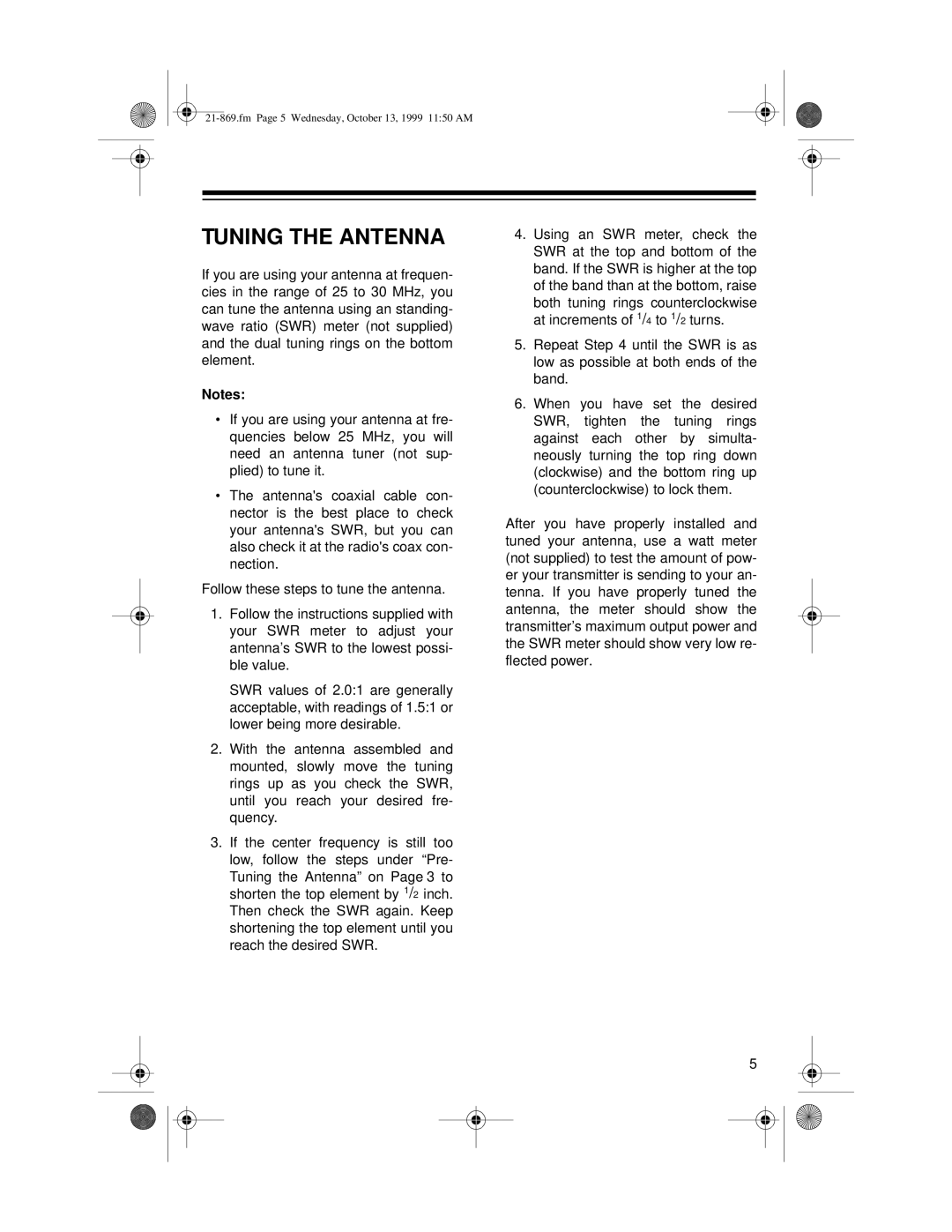 Radio Shack 10M manual Tuning the Antenna 