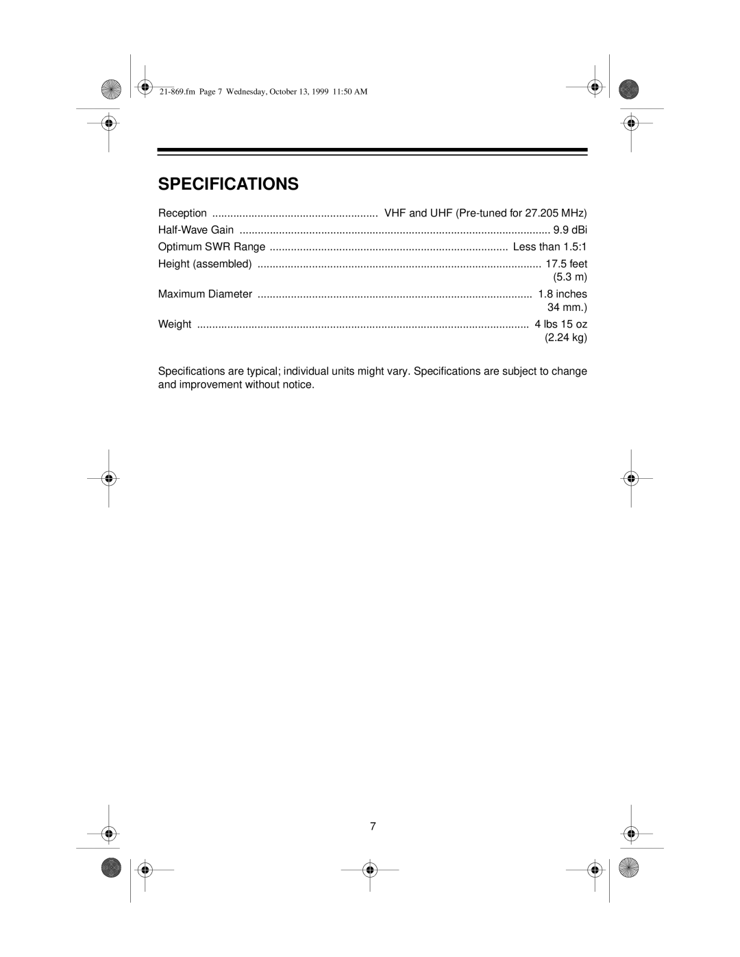 Radio Shack 10M manual Specifications 