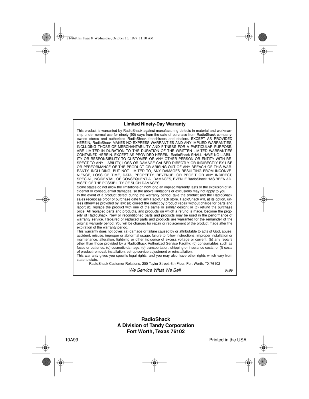 Radio Shack 10M manual RadioShack Division of Tandy Corporation Fort Worth, Texas 