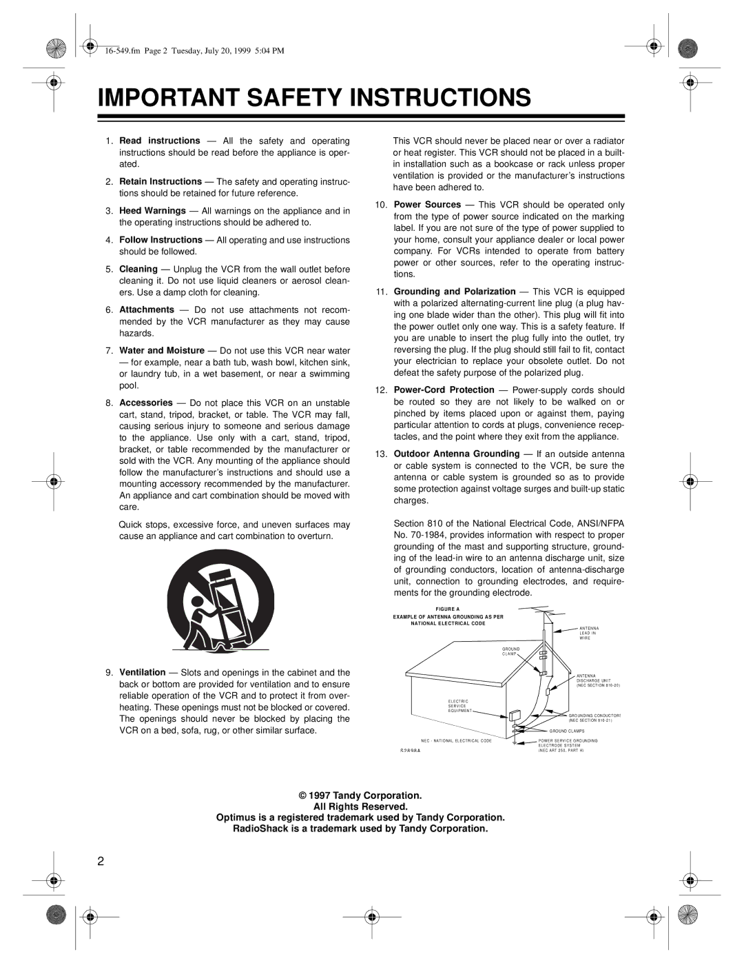 Radio Shack 113 (16-550), 112 (16-549), 62 (16-632) owner manual Important Safety Instructions 