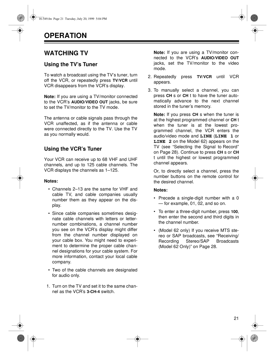 Radio Shack 112 (16-549), 62 (16-632), 113 (16-550) Operation, Watching TV, Using the TV’s Tuner, Using the VCR’s Tuner 